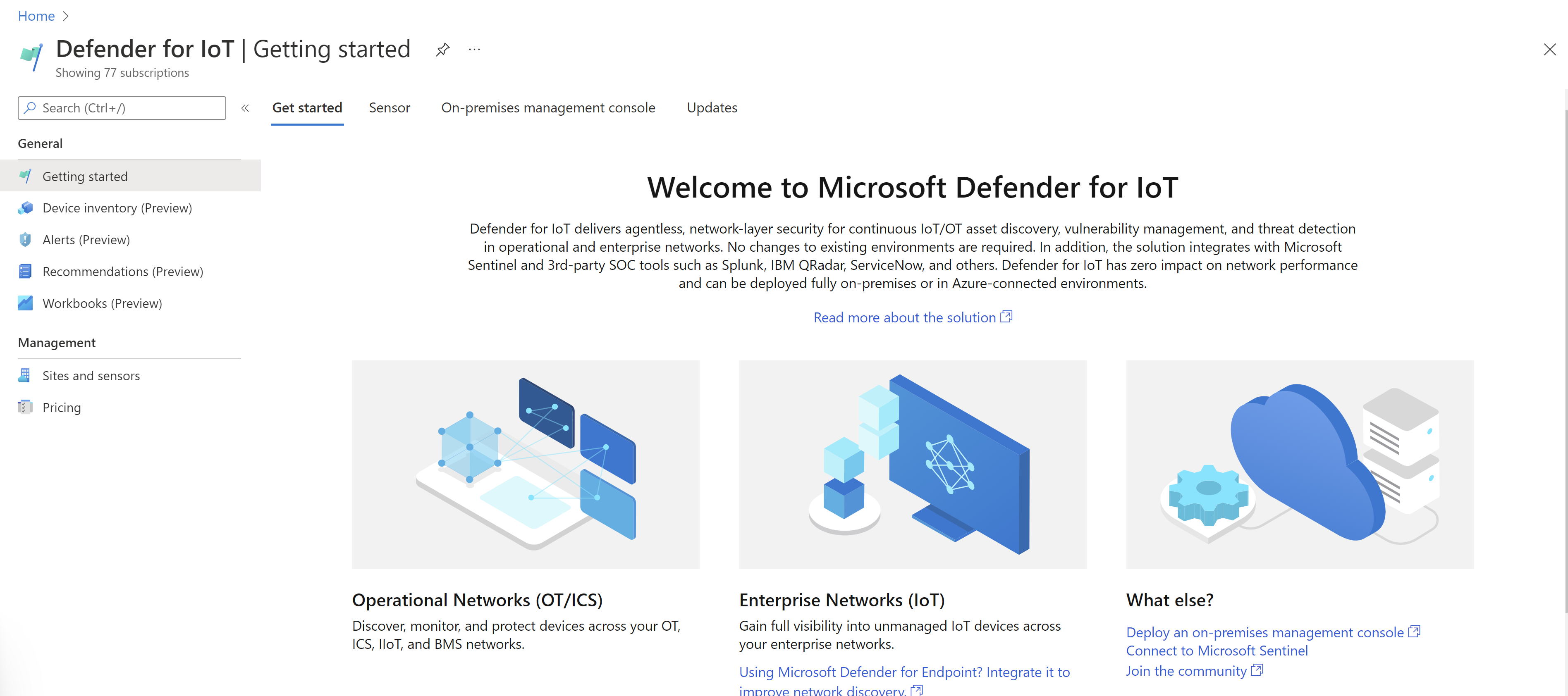 Screenshot of the Defender for I O T default view on the Azure portal.