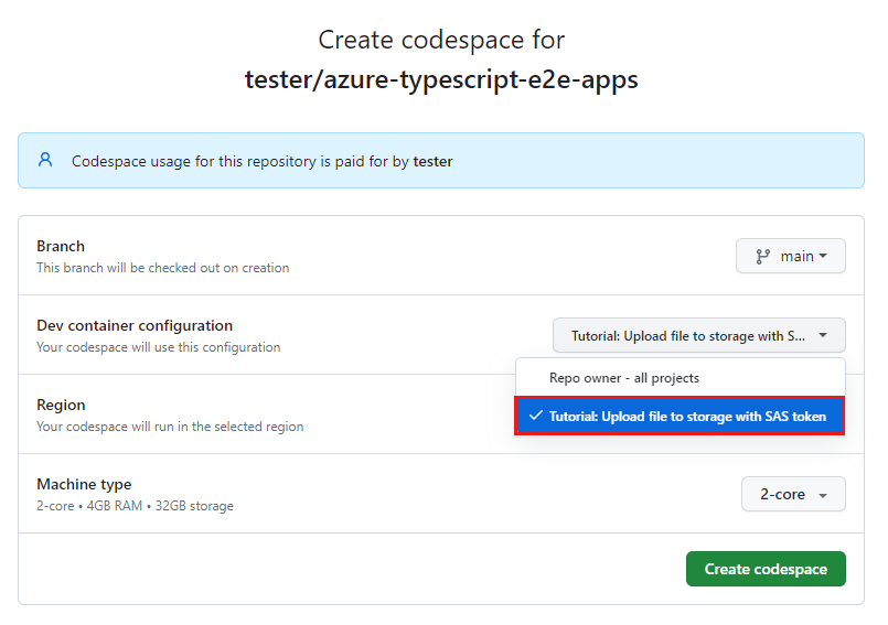 GitHub screenshot of Codespaces New with options menu with the following dev container highlighted, Tutorial: Upload file to storage with SAS Token.