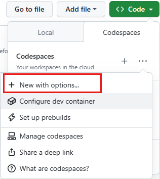GitHub screenshot of Codespaces New with options menu item highlighted.