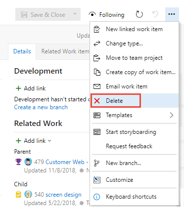 Screenshot of work item form, Actions menu, choose Delete.