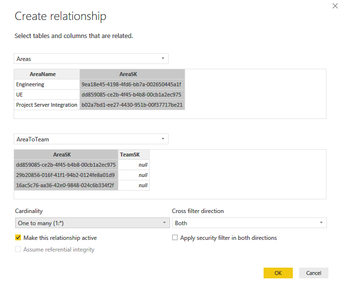 Power BI Desktop, Home, Manage Relationships, Areas and AreaToTeam Mapping