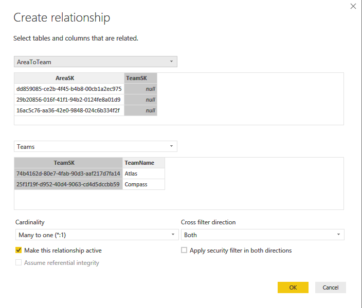 Power BI Desktop, Home, Manage Relationships, AreaToTeam and Teams Mapping