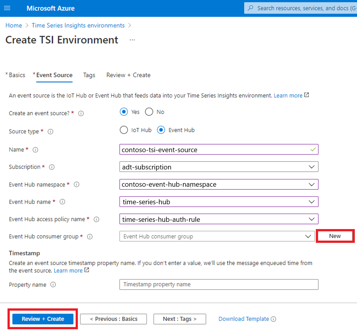 Screenshot of the Azure portal showing how to create Time Series Insights environment (part 3/3).