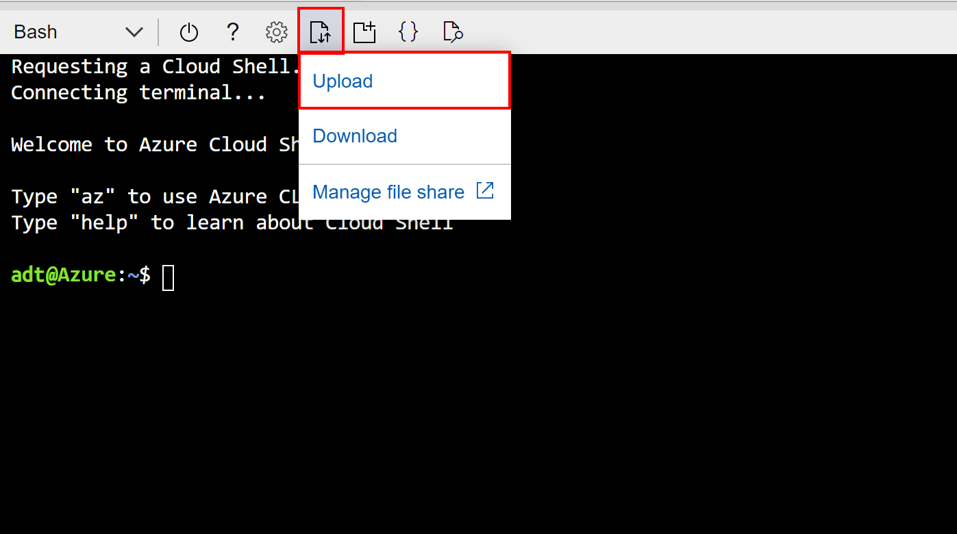 Screenshot of the Azure Cloud Shell highlighting how to upload files.