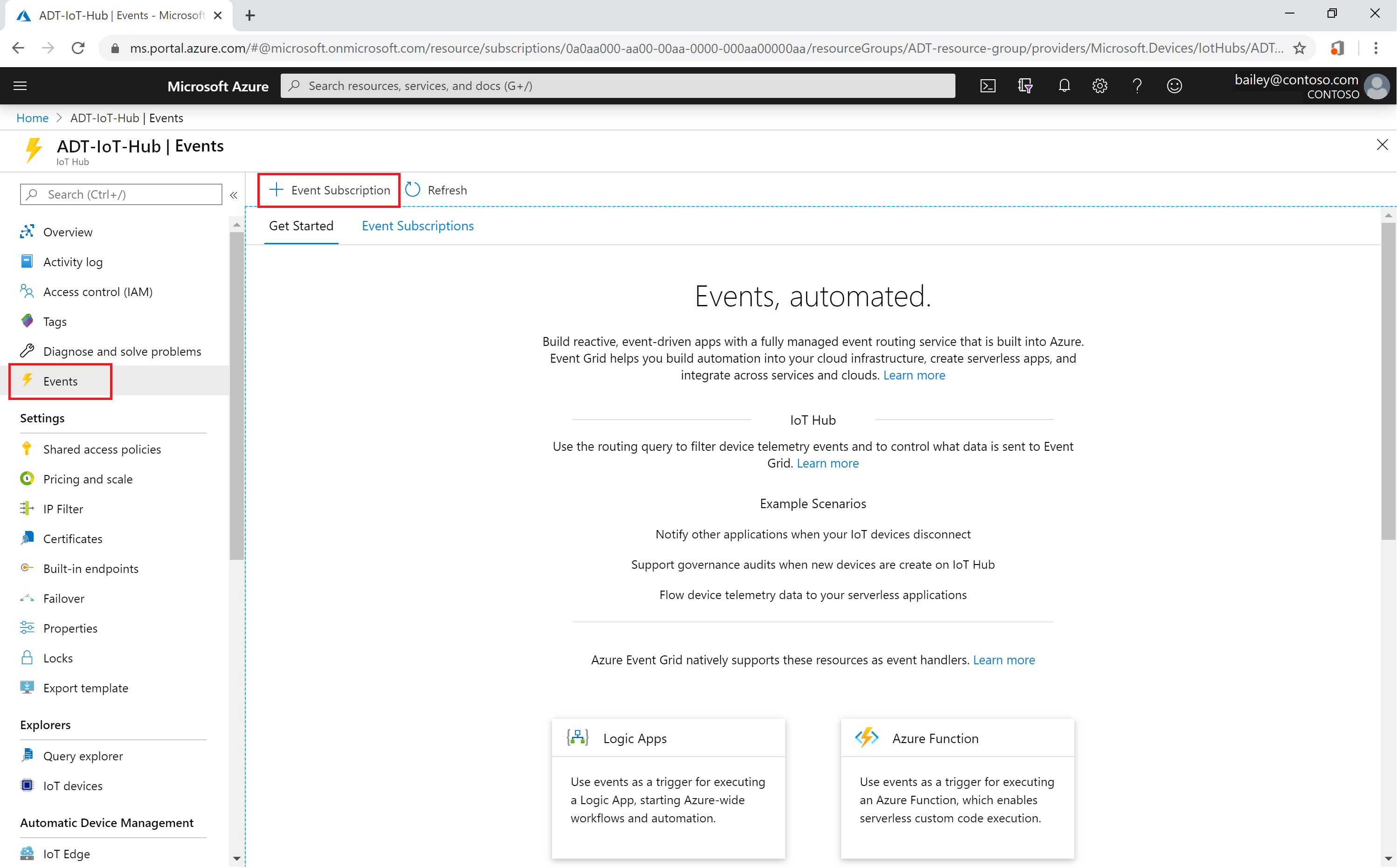 Screenshot of the Azure portal showing the IoT Hub event subscription.