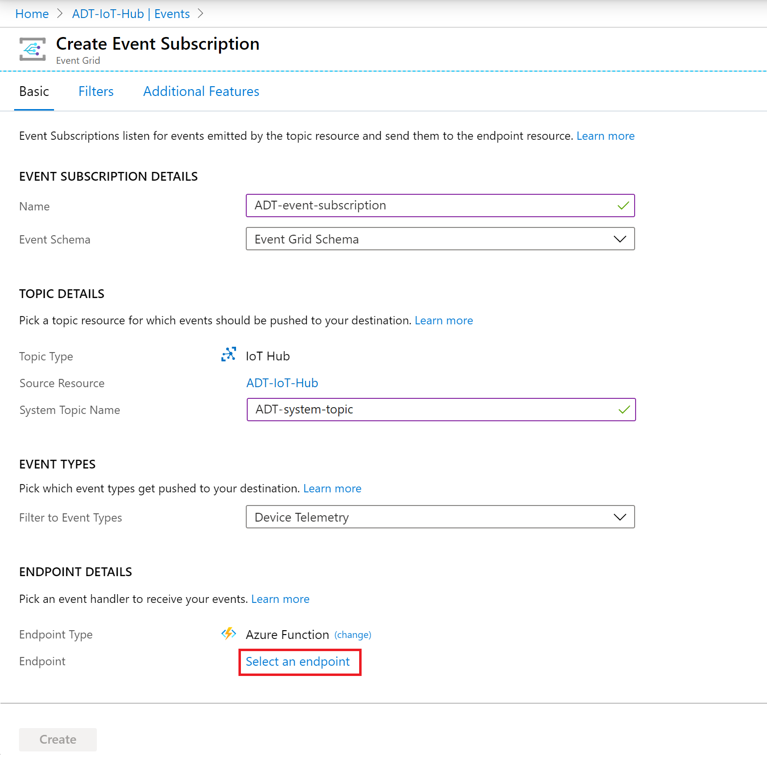Screenshot of the Azure portal showing how to create an event subscription.