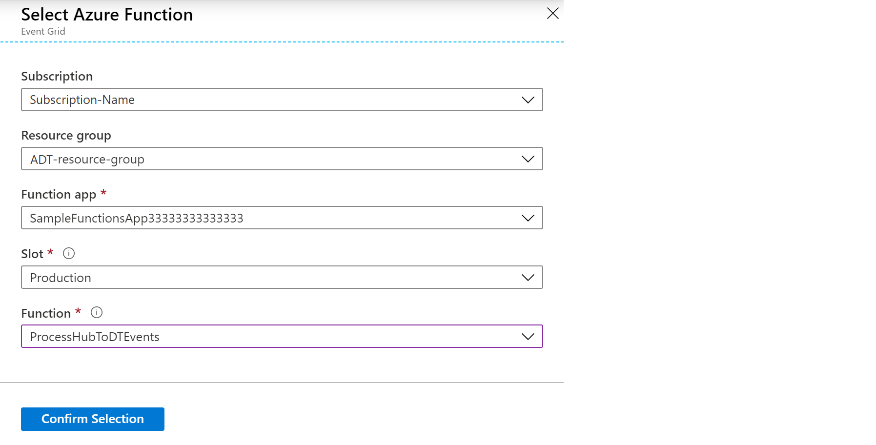 Screenshot of the Azure portal event subscription showing the window to select an Azure function.