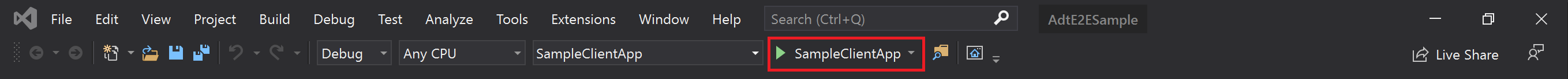 Screenshot of the Visual Studio start button with the SampleClientApp project open.