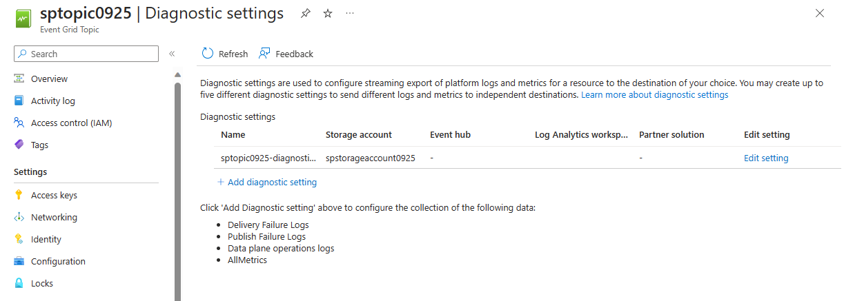 Screenshot that shows the "Diagnostic settings" page with a new entry highlighted in the "Diagnostics settings" table.