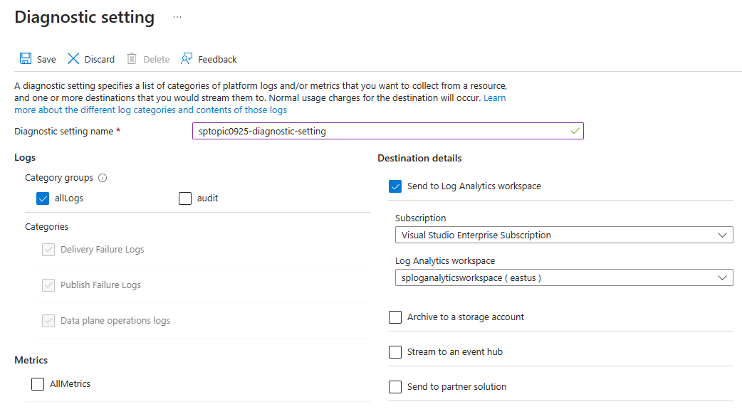 Screenshot that shows the Diagnostic settings page with Send to Log Analytics selected.