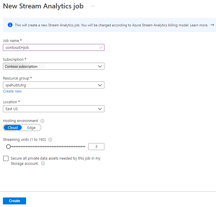 Screenshot showing how to create a new Azure Stream Analytics job.