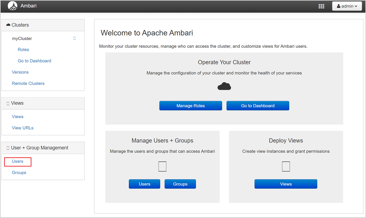 Apache Ambari management page users