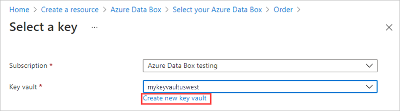 Screenshot of Encryption type settings on the Security tab for a Data Box order. The 'Create new key vault' link is highlighted.