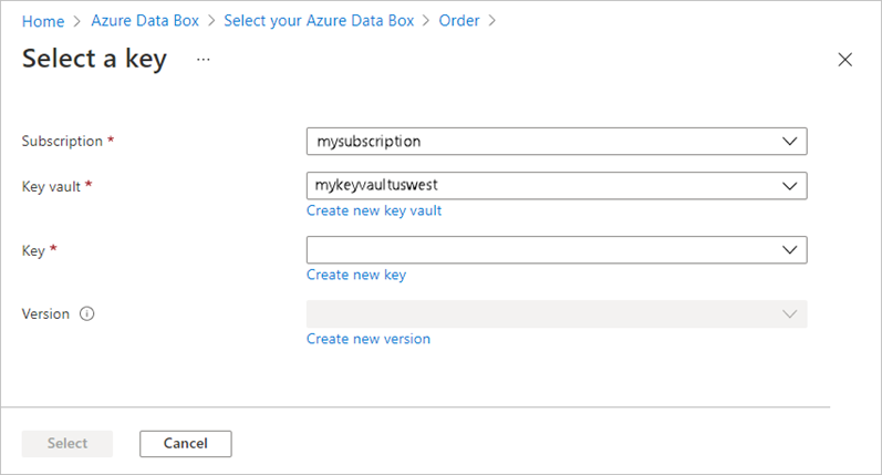 Screenshot of the 'Select a key' screen in Azure Key Vault. The Key Vault field is highlighted.