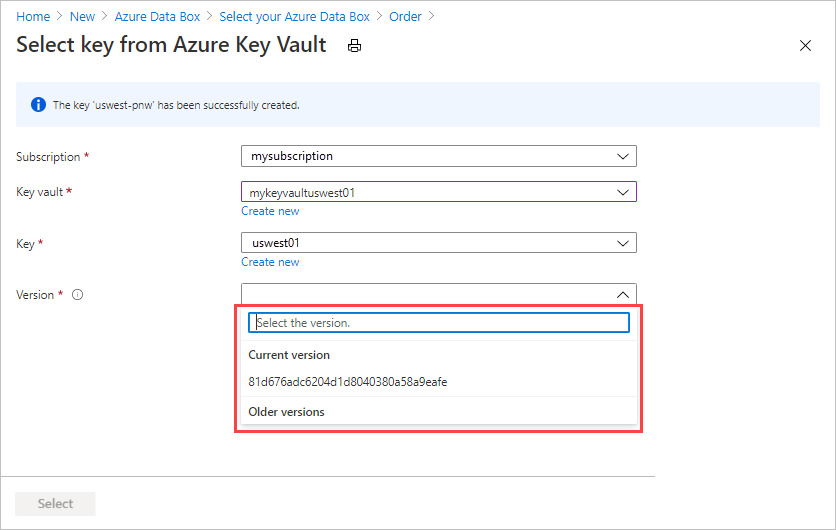 Screenshot of the 'Create a Key' screen in Azure Key Vault. The Version field is highlighted, with available versions displayed.