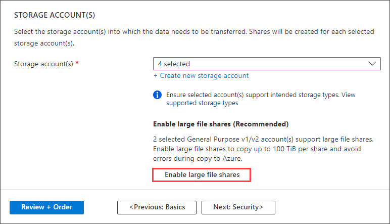 Screenshot of the Enable option for a Data Box order that imports files to storage accounts. The Enabled button is highlighted.