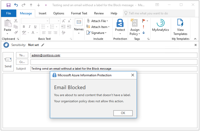 Azure Information Protection tutorial - see OutlookWarnUntrustedCollaborationLabel advanced client setting with Block value