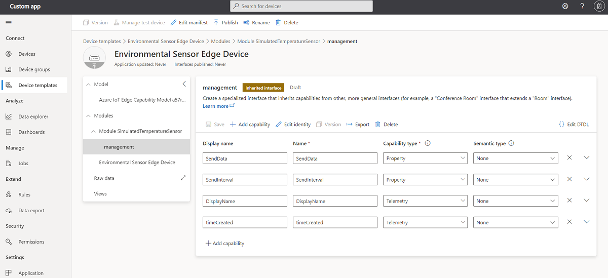 Screenshot showing the device template created from the deployment manifest.