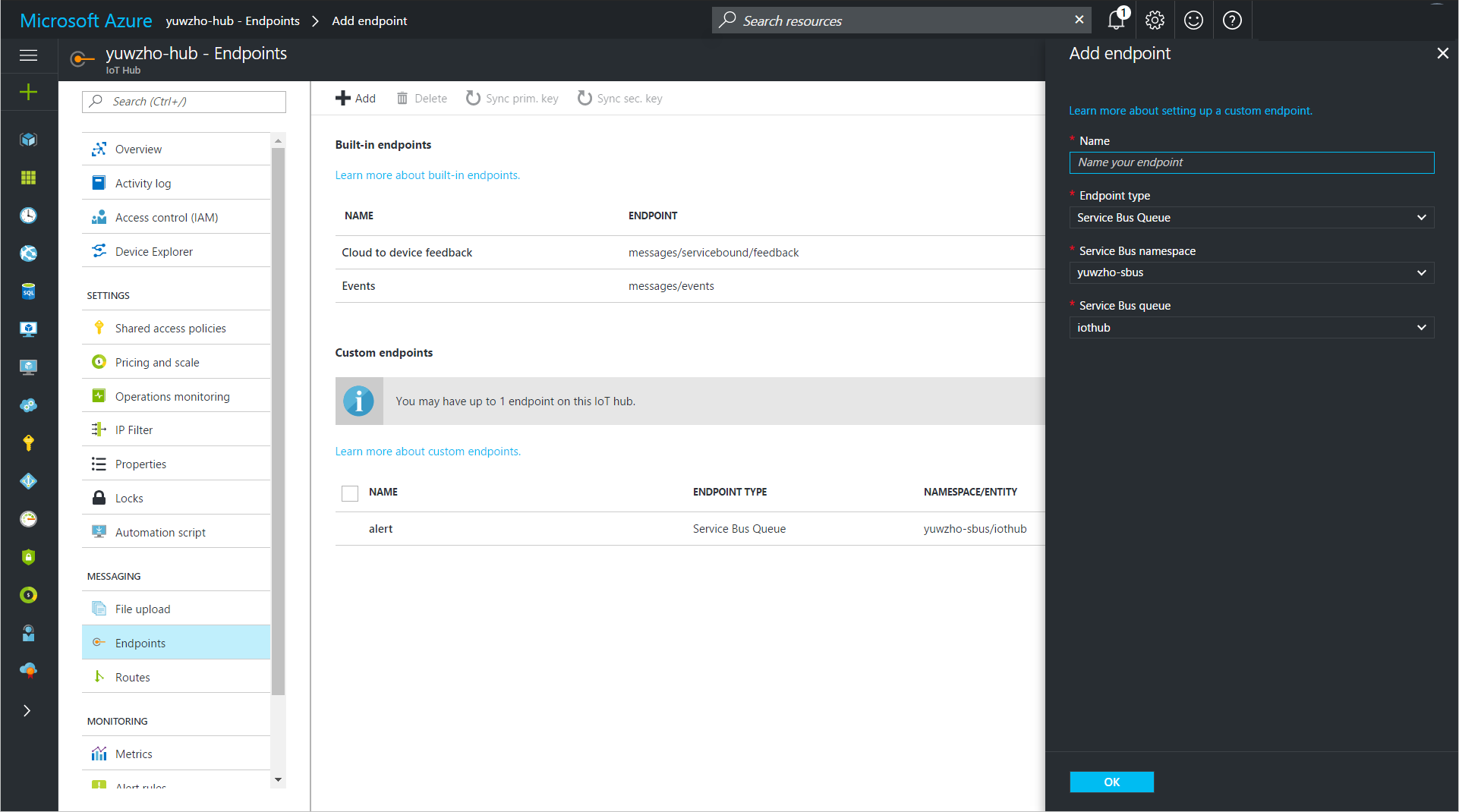 Add an endpoint to your IoT hub in the Azure portal