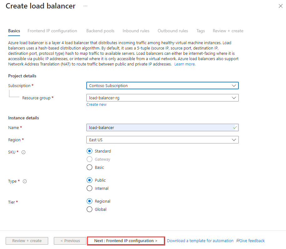 Screenshot of create standard load balancer basics tab.