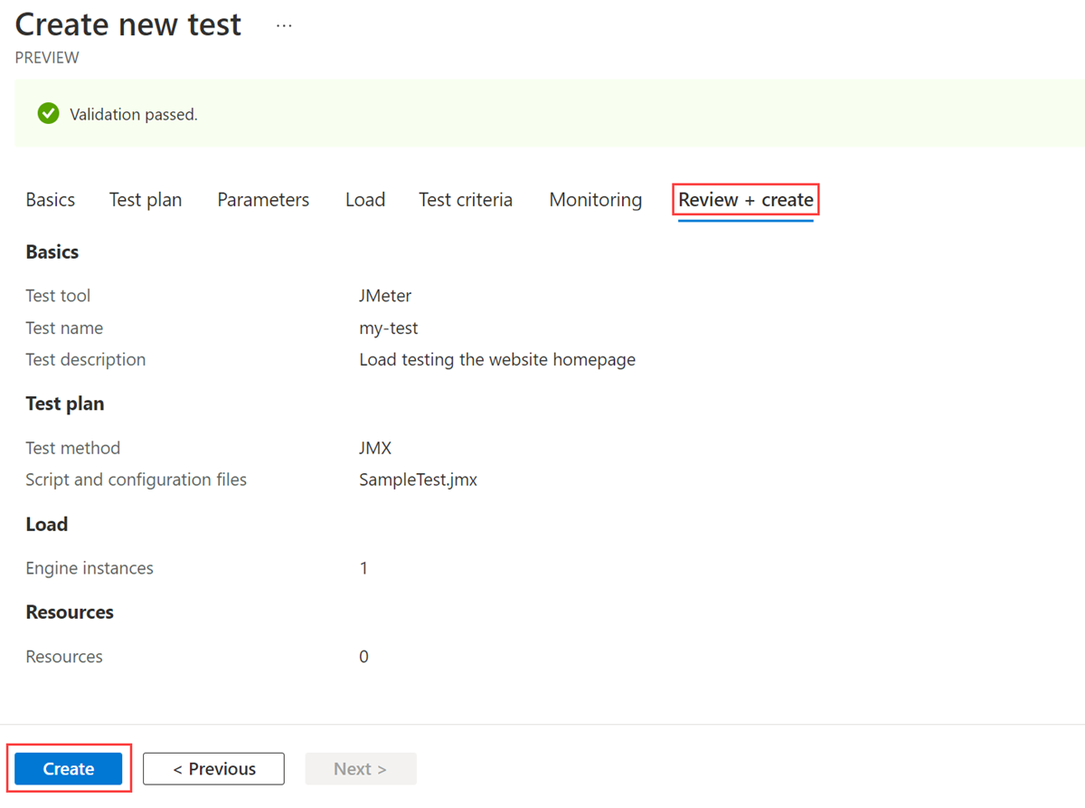 Screenshot that shows the tab for reviewing and creating a test.