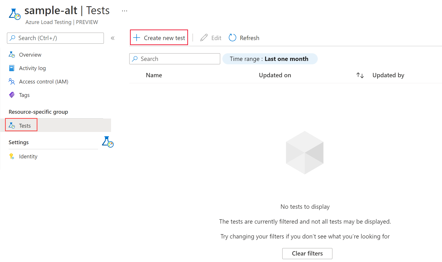 Screenshot that shows the Azure Load Testing page and the button for creating a new test.