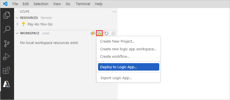 Screenshot shows Azure window with Workspace toolbar and Azure Logic Apps shortcut menu with Deploy to Logic App selected.