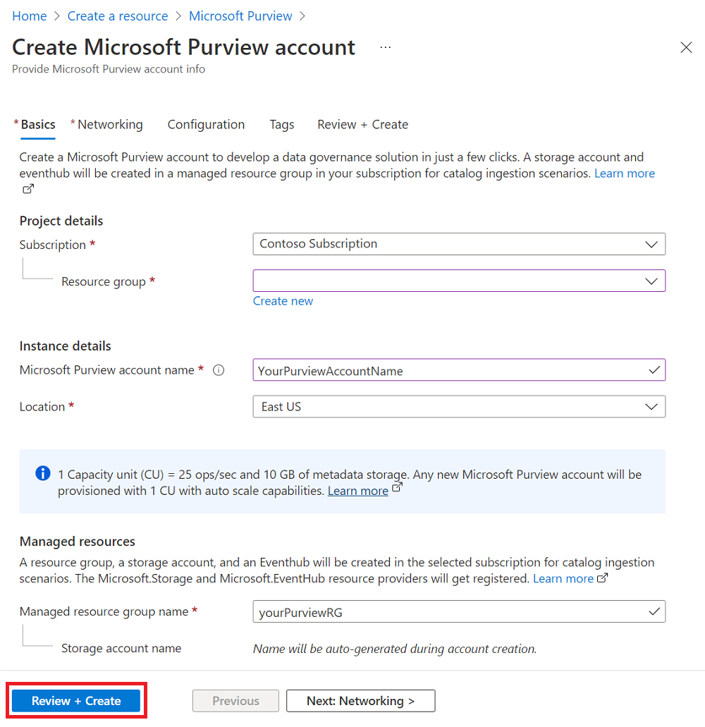 Screenshot showing the Create Microsoft Purview account screen with the Review + Create button highlighted
