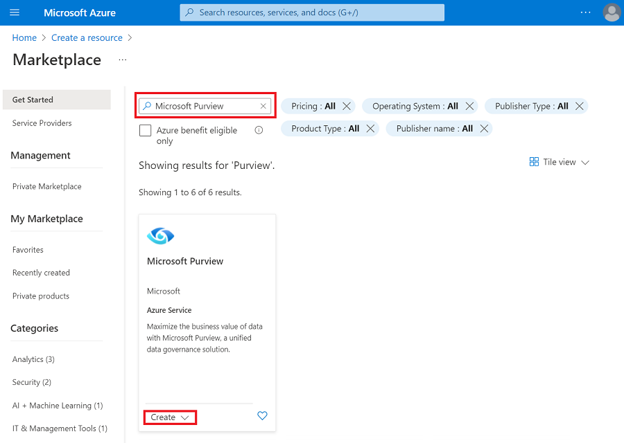 Screenshot showing Microsoft Purview in the Azure Marketplace, with the create button highlighted.