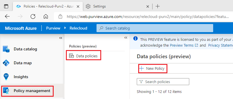 Image shows how a data owner can access the Policy functionality in Azure Purview when it wants to create policies.