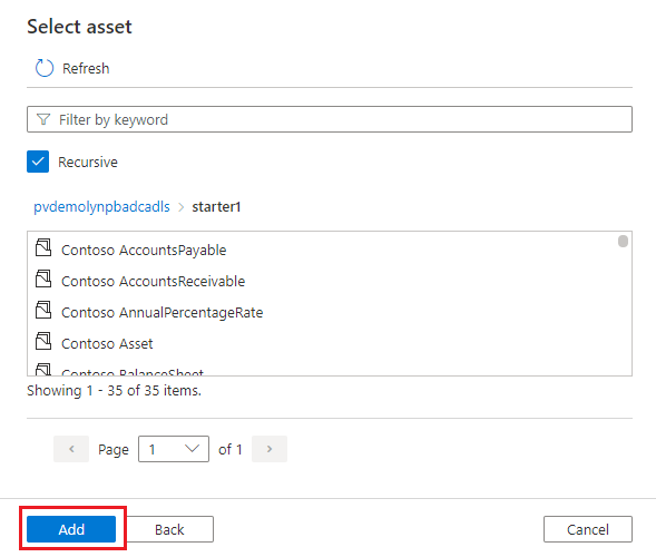 Image shows how a data owner can select the asset when creating or editing a policy statement.