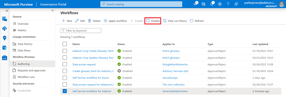 Screenshot that shows the workflow authoring page, with the Disable button highlighted on the top menu.