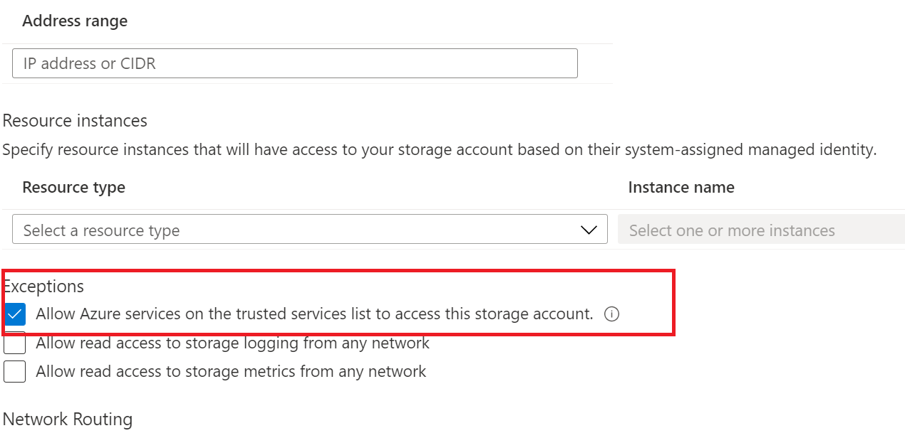 Screenshot that shows the exceptions to allow trusted Microsoft services to access the storage account