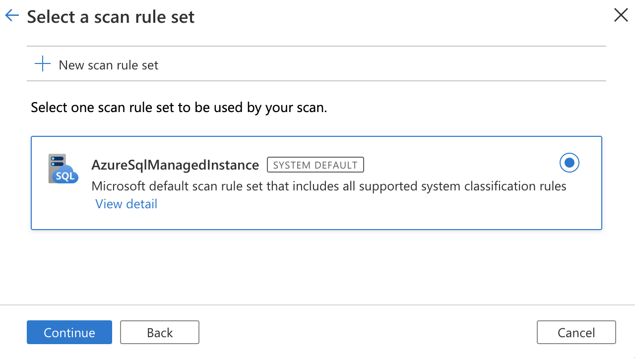 Screenshot of scan rule set window, with the system default scan rule set selected.