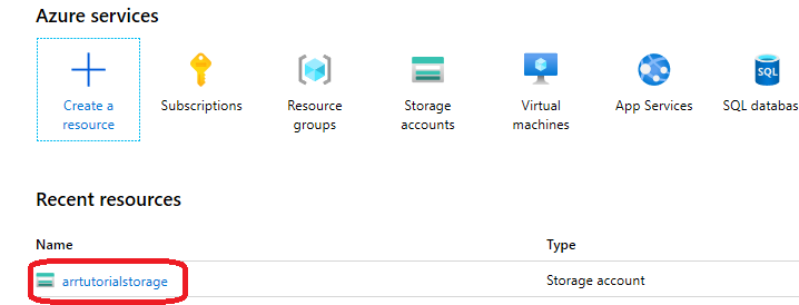 Screenshot that highlights the selected Storage account resource.