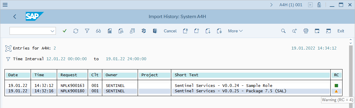 Screenshot of import status display.