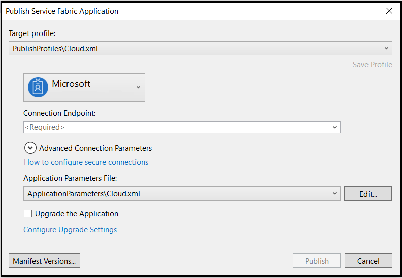 The Publish Service Fabric Application dialog box is used to configure a Service Fabric connection.