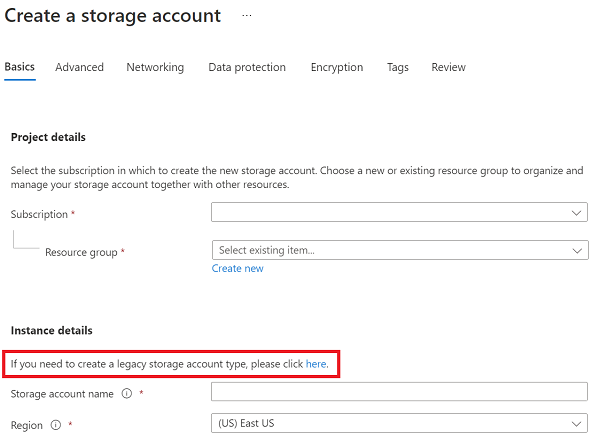 Screenshot that shows the Create a legacy storage account link.