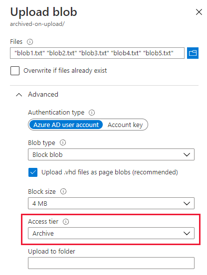 Screenshot showing how to upload blobs to the Archive tier in the Azure portal