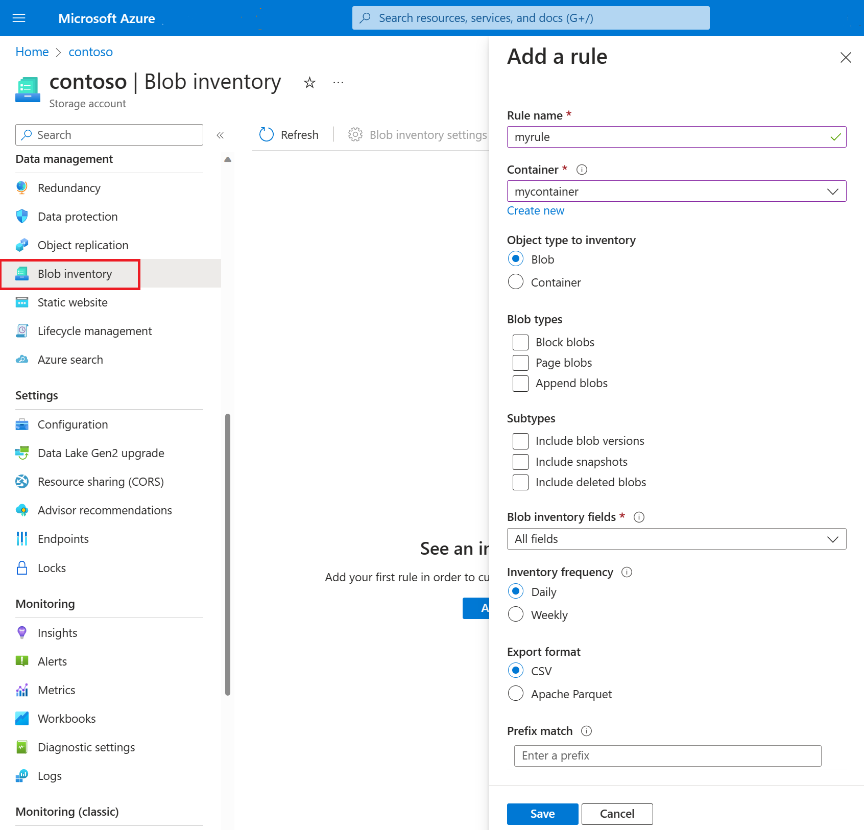 Screenshot showing how to add a blob inventory rule by using the Azure portal
