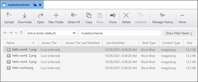 Screenshot that shows how to view blobs within a container in Microsoft Azure Storage Explorer