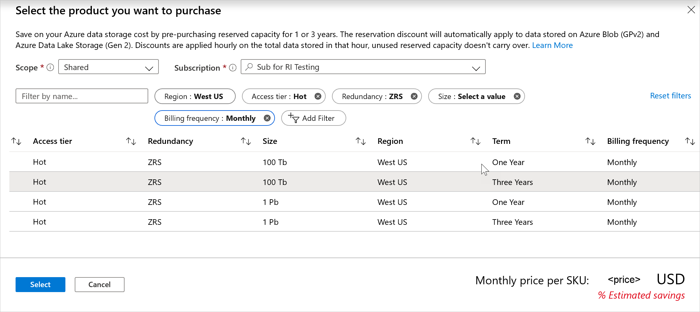 Screenshot showing how to purchase reserved capacity