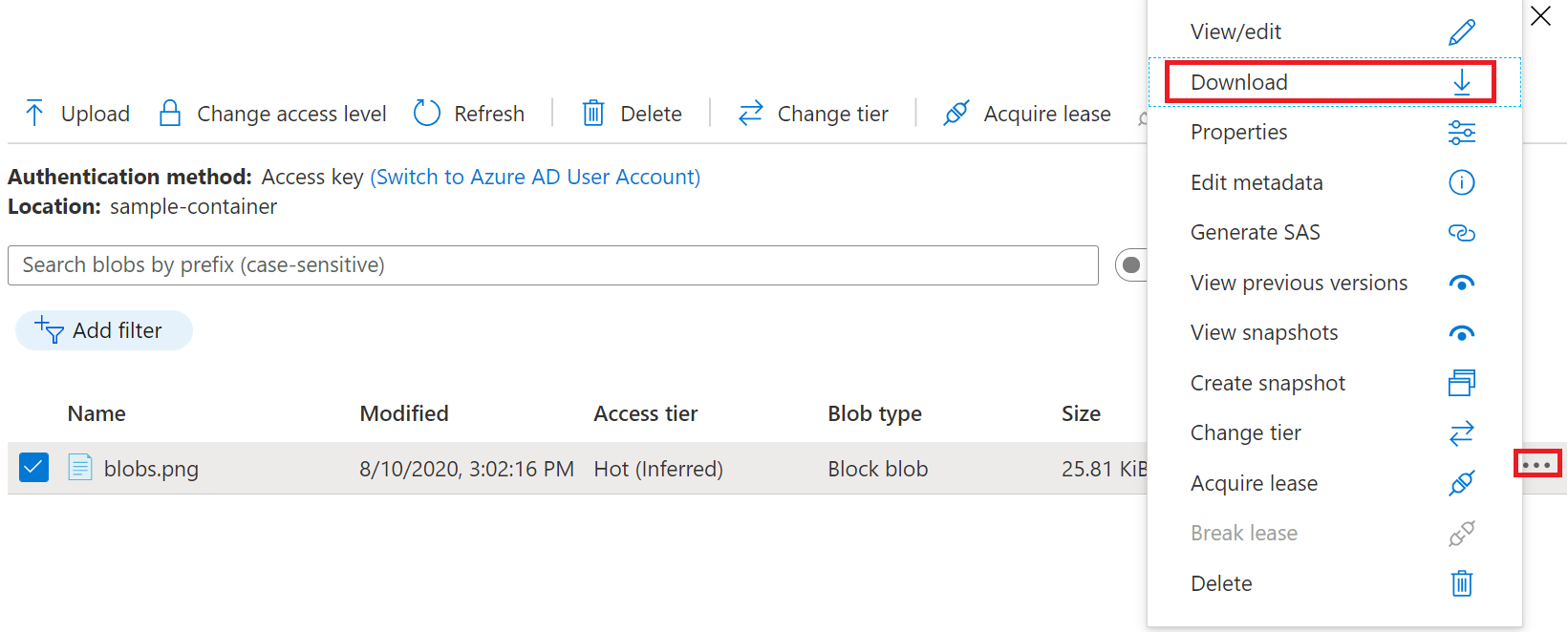 Screenshot showing how to download a blob in the Azure portal
