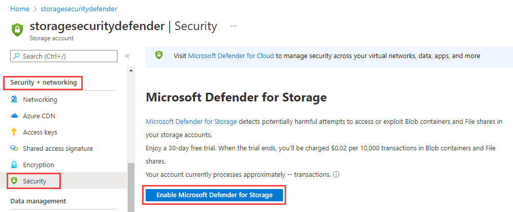 Screenshot showing how to enable an account for Microsoft Defender for Storage.