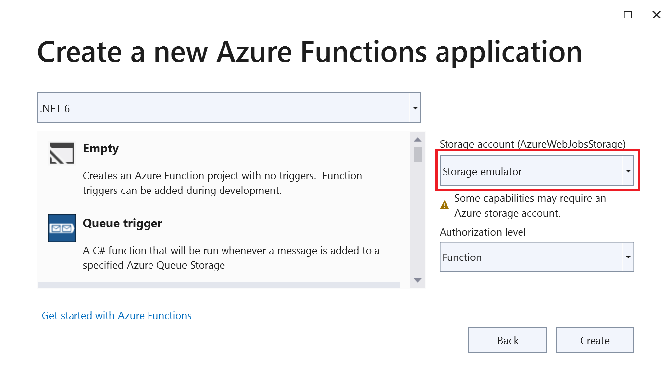 Storage emulator option in Azure Functions project