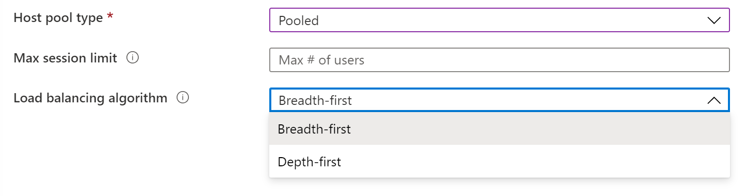A screenshot of the assignment type field with "Pooled" selected. The User is hovering their cursor over Breadth-first on the load balancing drop-down menu.
