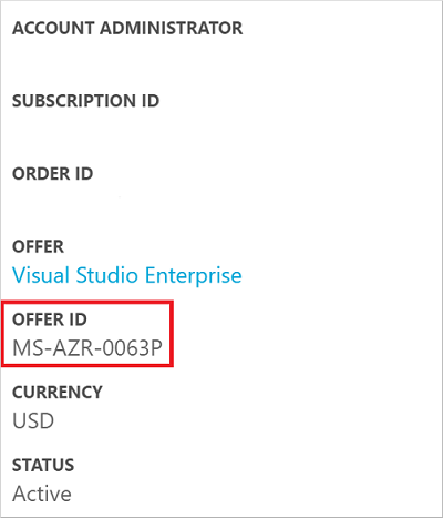 Offer ID details from the Azure Account portal