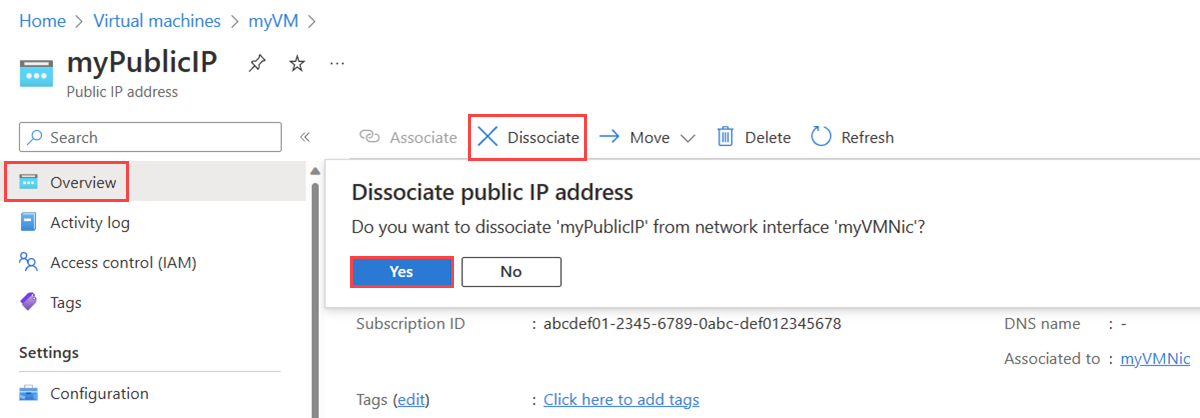 Screenshot of the Overview page of a public IP address resource showing how to dissociate it from the network interface of a virtual machine.