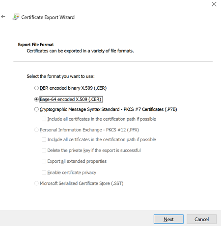 Screenshot showing export as Base-64 encoded X.509.
