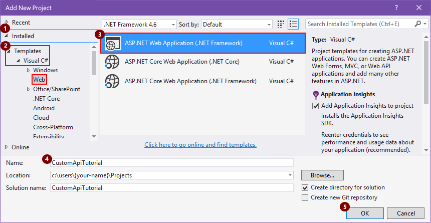Screenshot showing a new Visual C# ASP.NET web application.